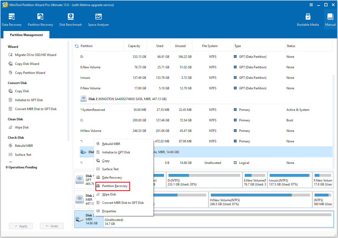 L'option de récupération de partition sélectionnée dans l'interface de l'assistant de partition MiniTool.