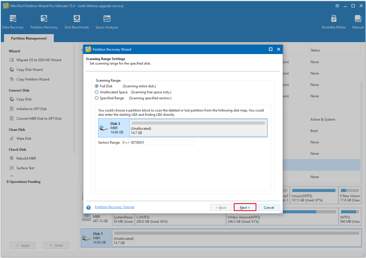 L'interface de MiniTool Partition Wizard avec la fenêtre de récupération de partition permet de sélectionner la plage d'analyse.