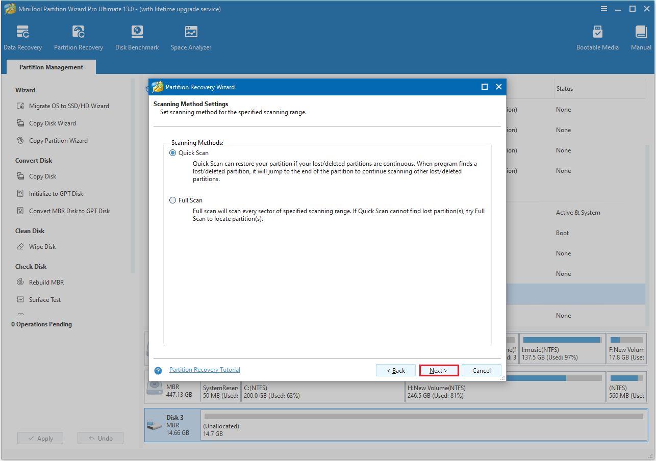L'interface de MiniTool Partition Wizard permet de sélectionner la méthode d'analyse de récupération de partition.