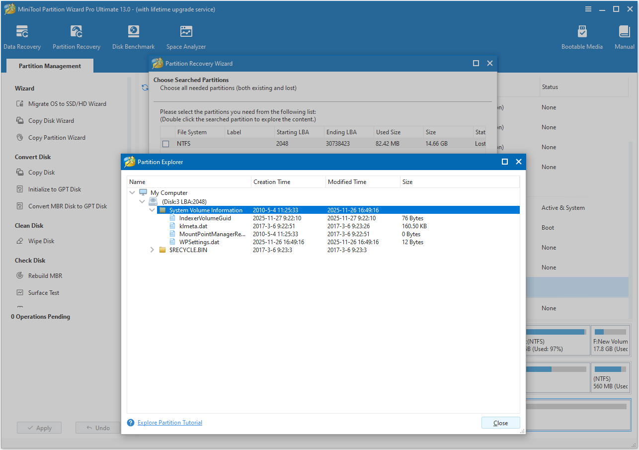 La fenêtre de l'explorateur de partitions affiche la structure du répertoire de la partition à récupérer dans MiniTool Partition Wizard.