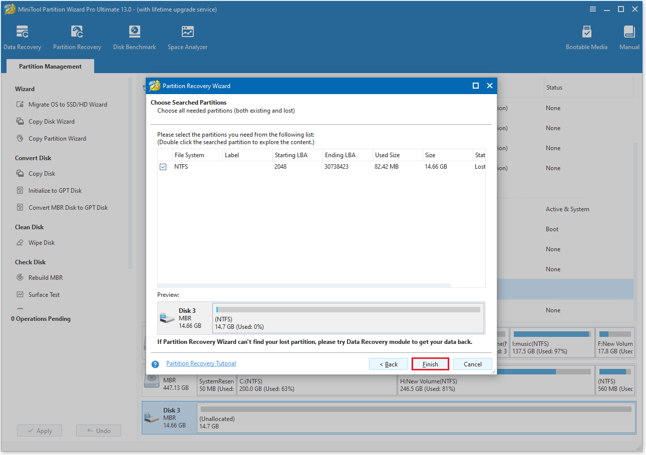 L'interface de MiniTool Partition Wizard comporte une fenêtre permettant de sélectionner les partitions à récupérer.