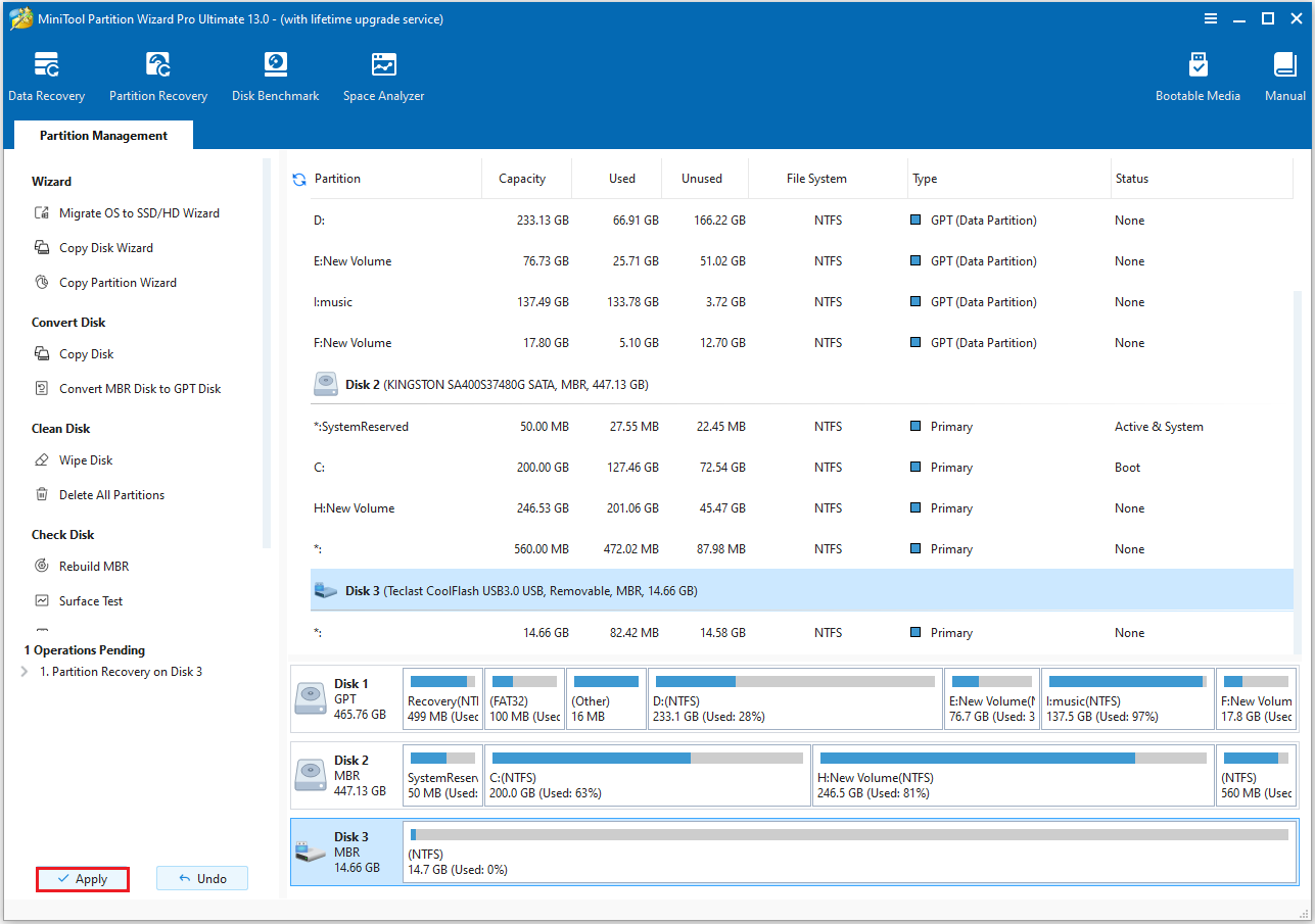 Interface de MiniTool Partition Wizard avec le bouton Appliquer sélectionné dans le panneau de gauche.