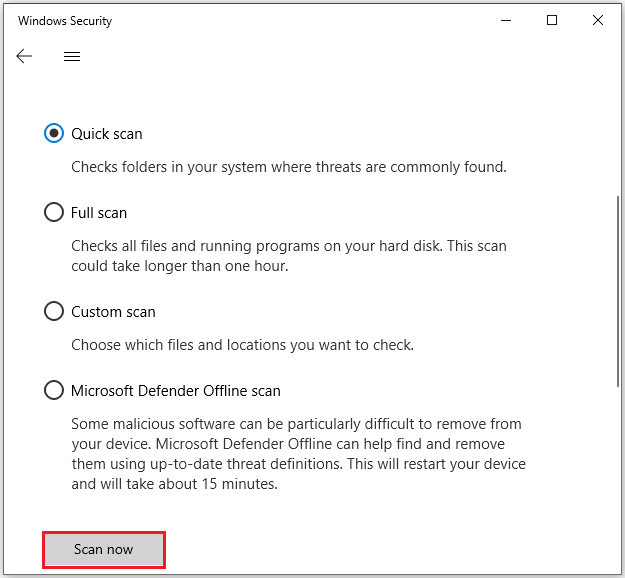L'interface de sécurité Windows permet de choisir une option d'analyse et de cliquer sur Analyser maintenant.