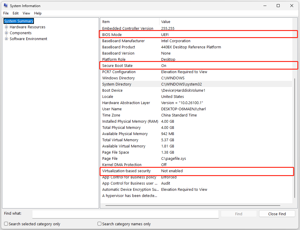 The interface of System Information with selected BIOS Mode, Secure Boot State, and Virtualization-based security.