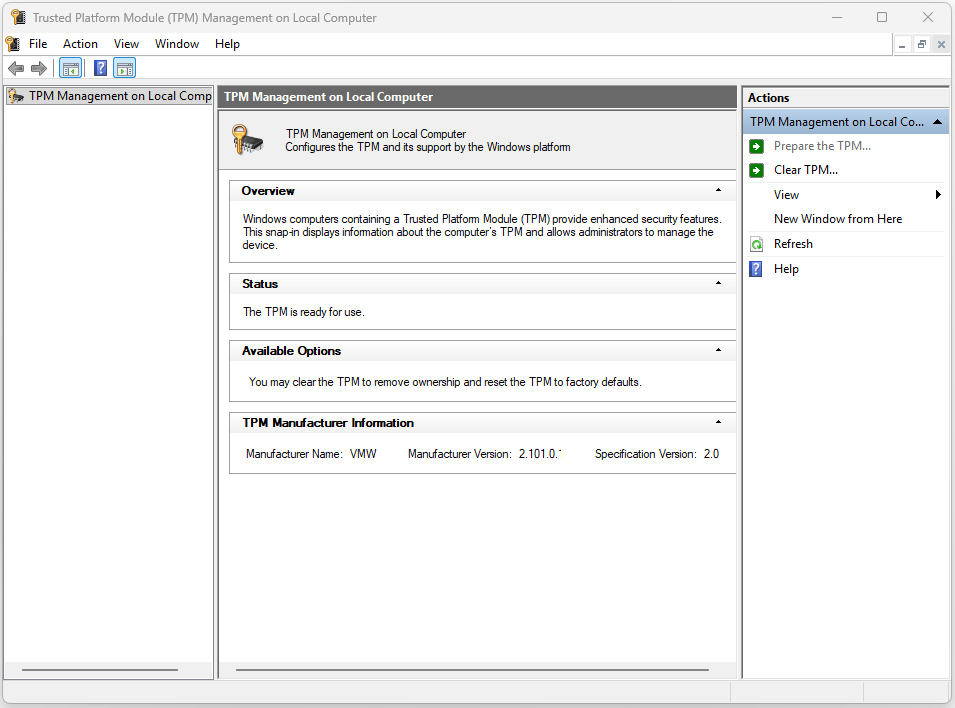 The interface of Trusted Platform Module (TPM) Management on Local Computer.