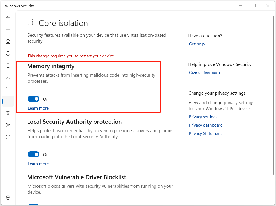 The Core isolation page in Windows Security with circled enabled Memory integrity.