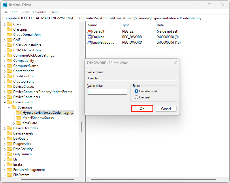 The Edit DWORD (32-bit) Value window of Enabled in Registry Editor with selected OK.