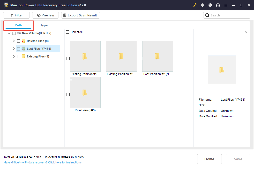 L'interface de MiniTool Power Data Recovery affiche les dossiers de la section Chemin, avec le chemin mis en surbrillance.
