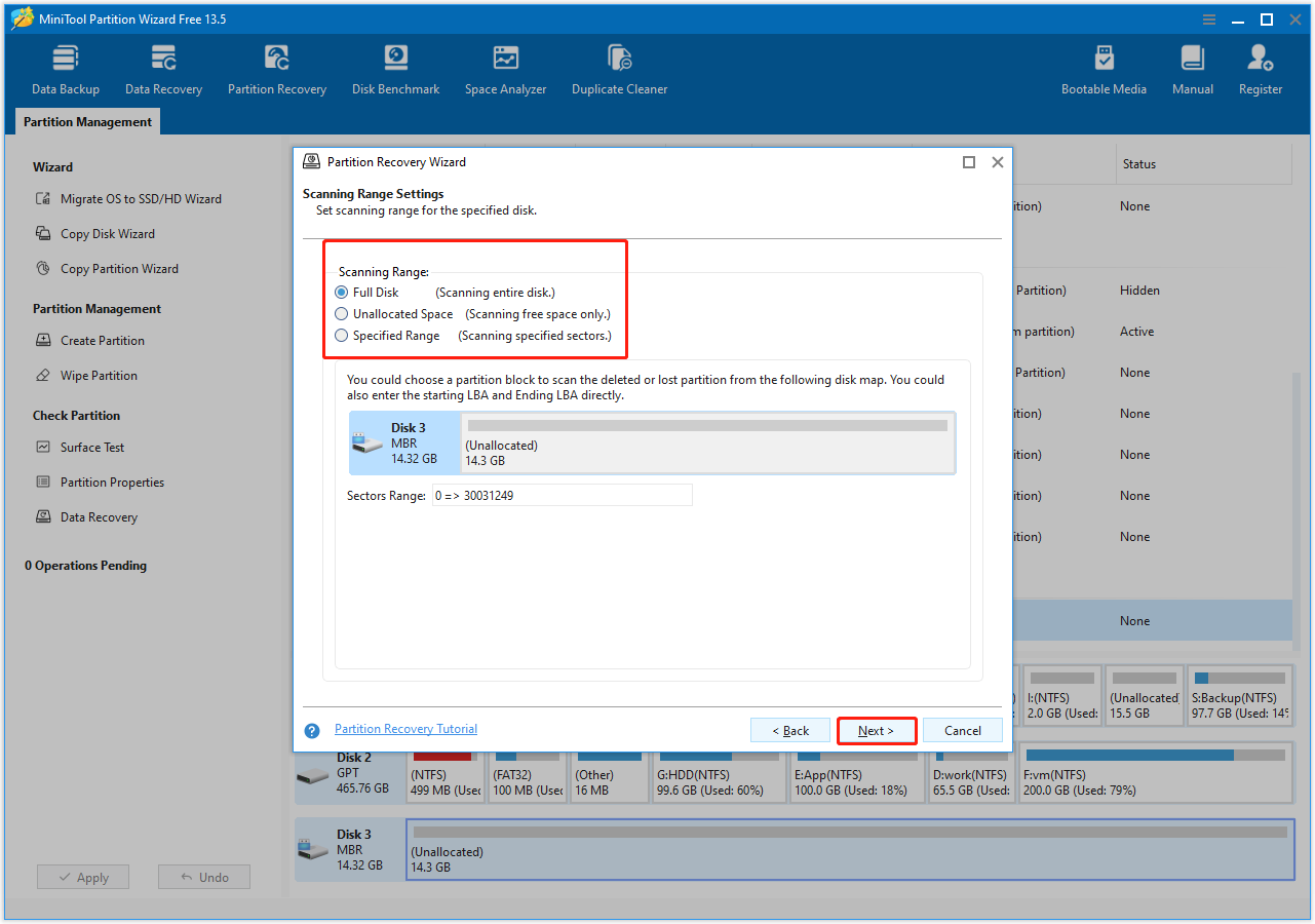 MiniTool Partition Wizard interface showing three scanning range options, with the Next button selected.