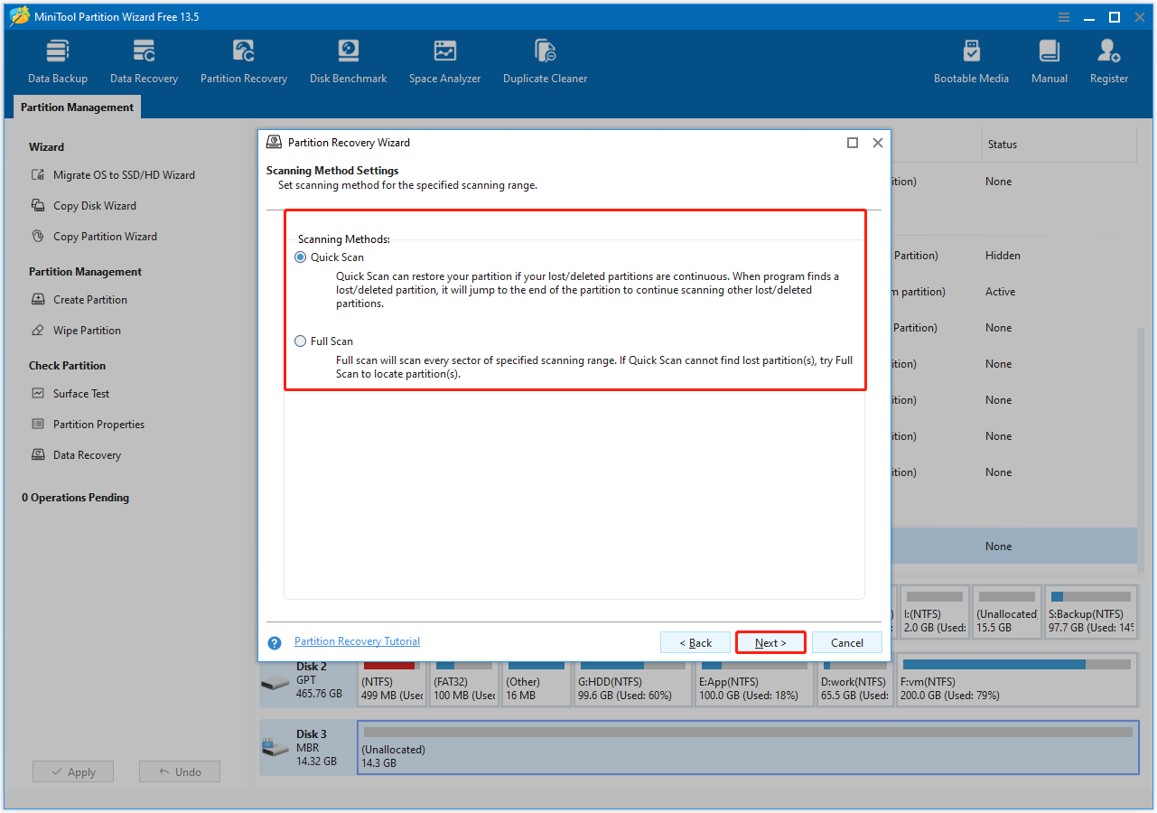 MiniTool Partition Wizard interface showing the quick and full scan options, with the Next button selected.