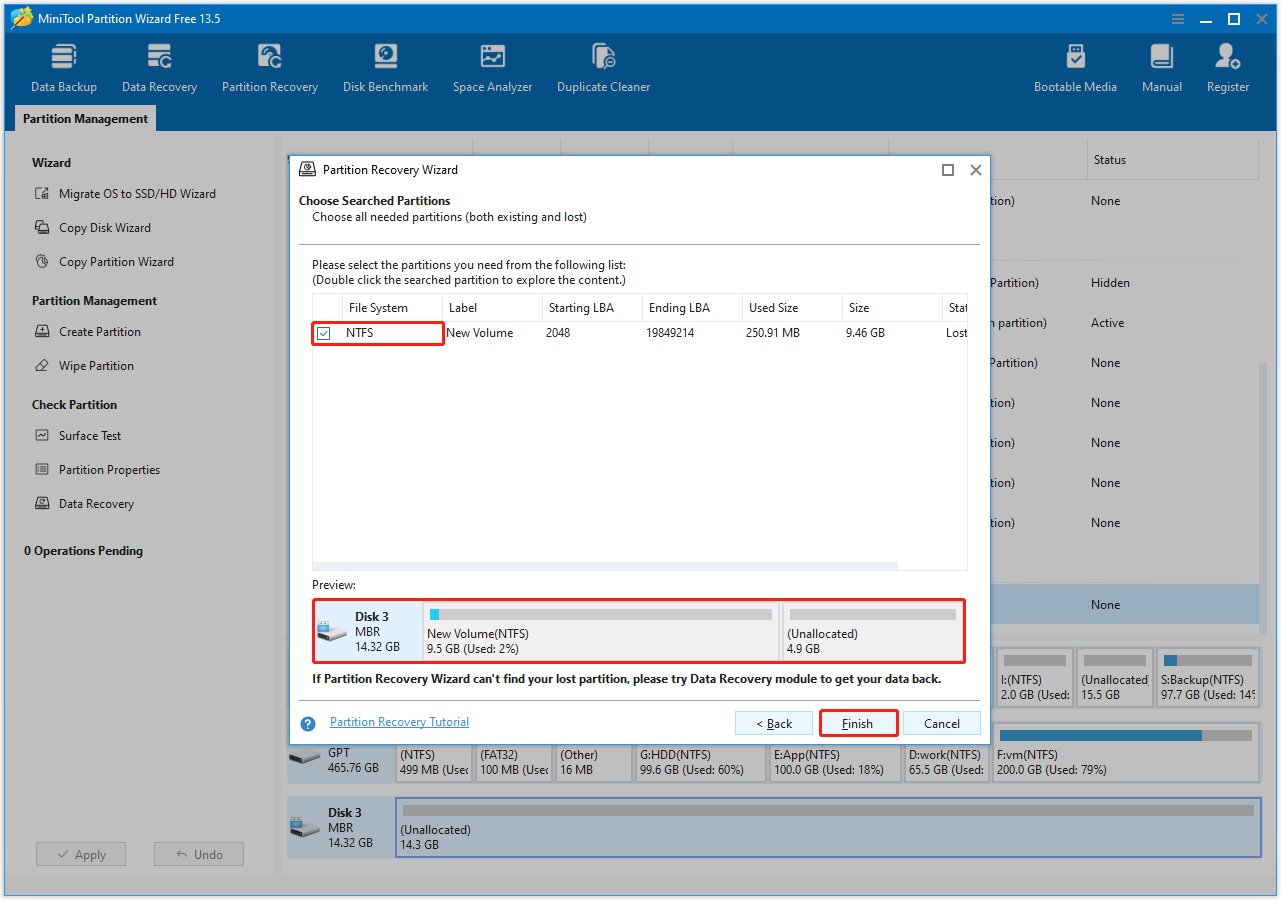 MiniTool Partition Wizard interface showing the found partitions and the preview bar, with the Finish button selected.