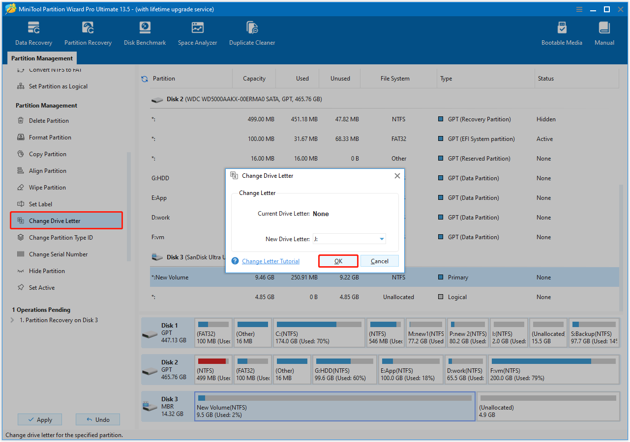 MiniTool Partition Wizard interface with the Change Drive Letter option selected, showing a drive letter selection window.