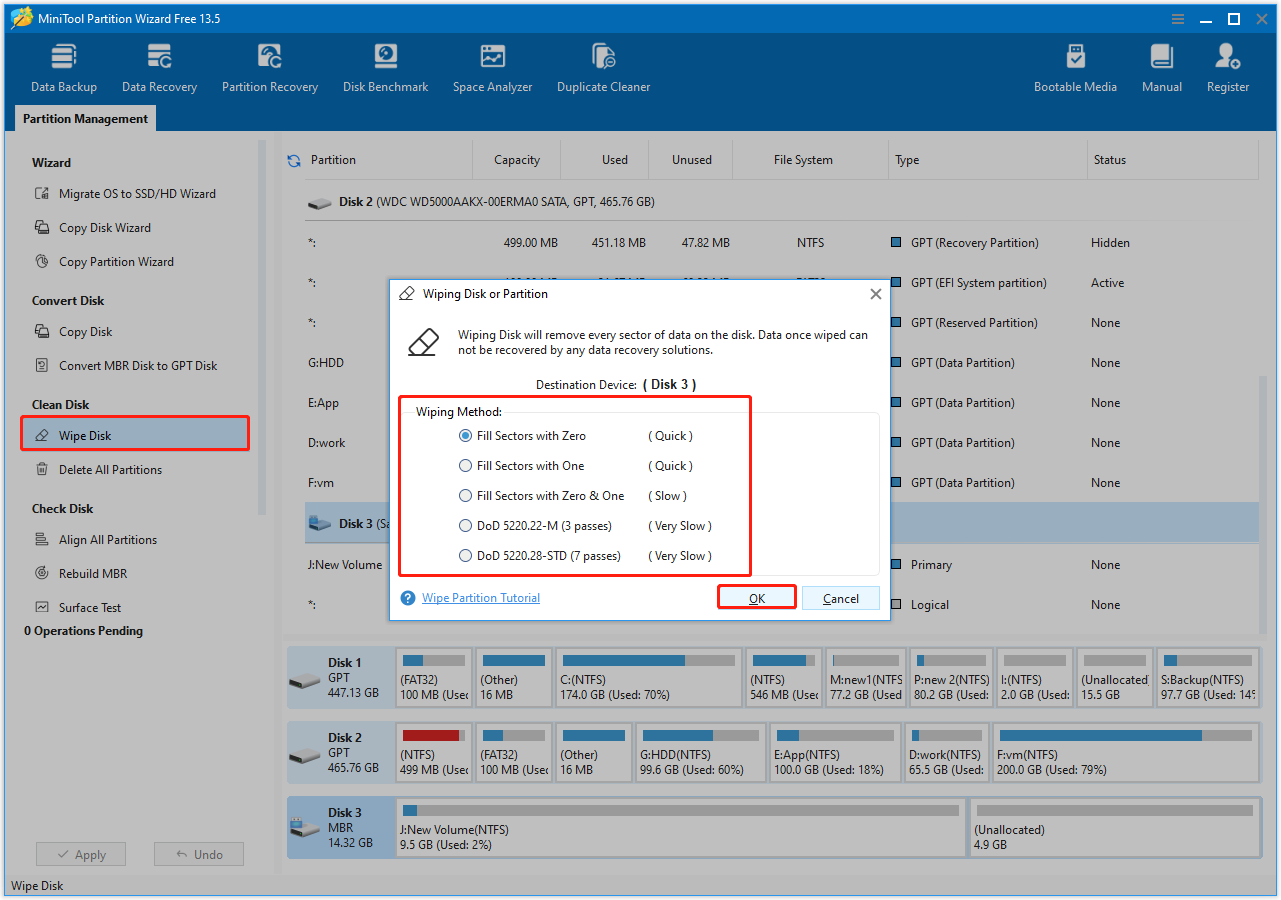 MiniTool Partition Wizard interface with the Wipe Disk option selected, showing a wiping method selection window.