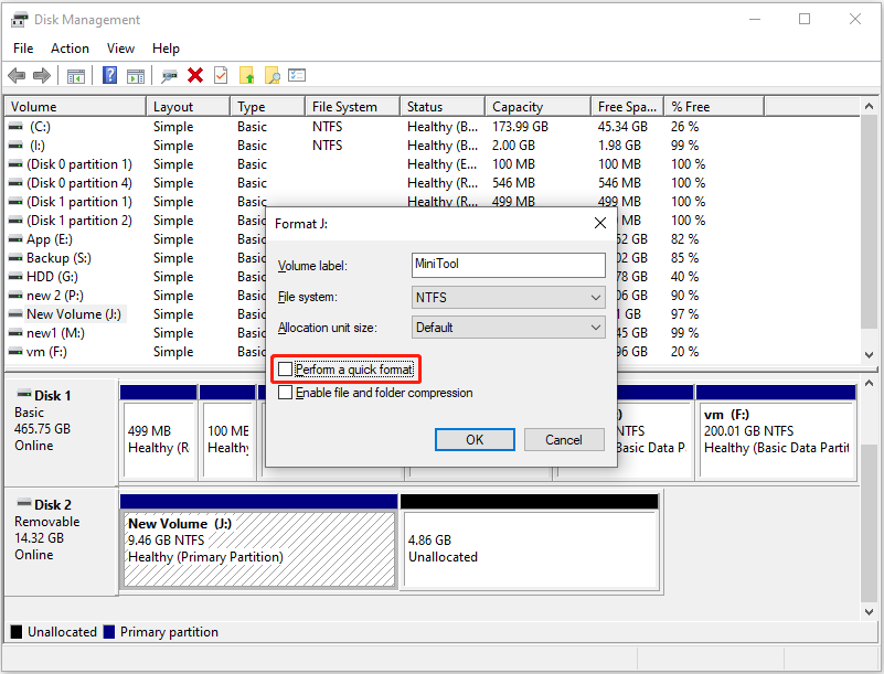 Disk Management interface showing a disk formatting window, with the Perform a quick format option unchecked.