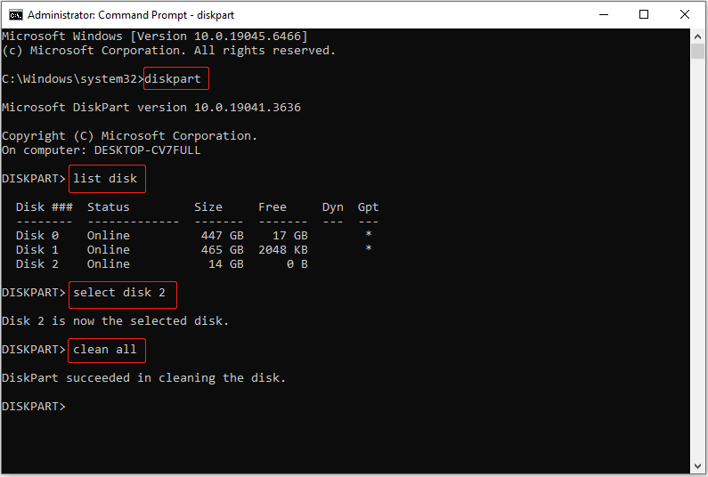 Command Prompt window with the DiskPart commands executed to fully clean disk 2.
