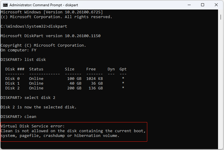 Command Prompt window with the Virtual Disk Service error displayed.