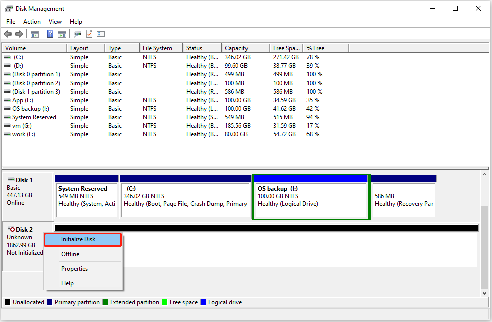 Disk Management window showing an unknown disk, with the Initialize Disk option highlighted.