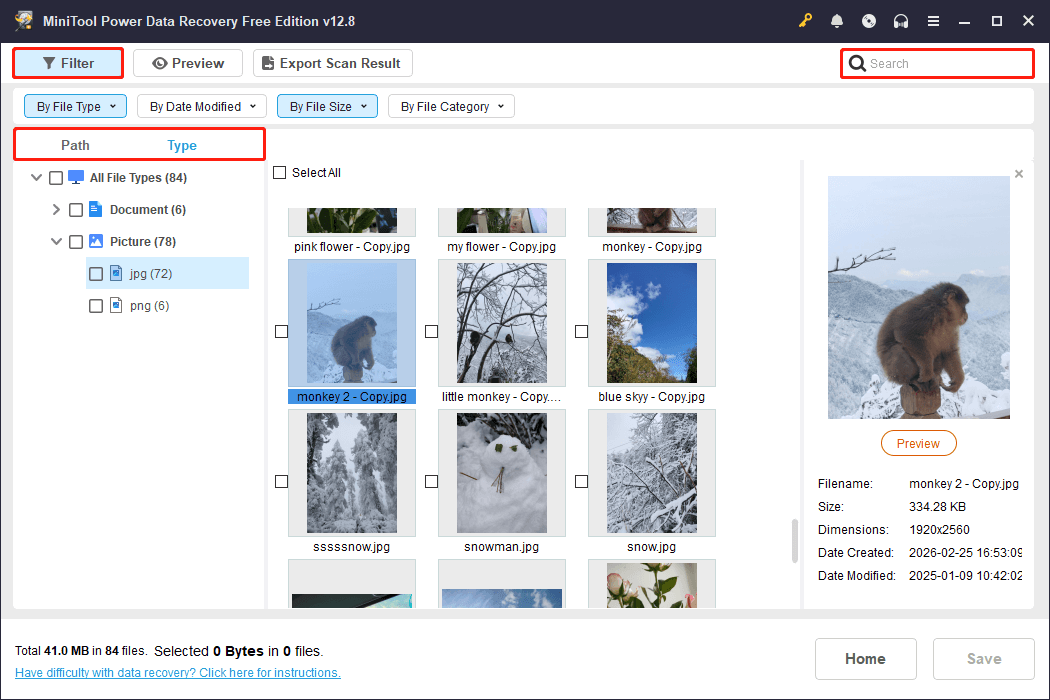 MiniTool Power Data Recovery interface with the Path, Type, Filter, and Search options highlighted.