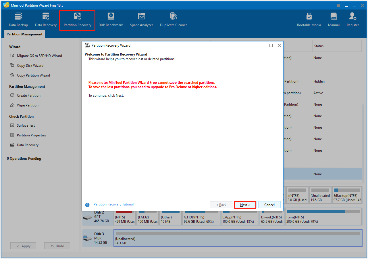MiniTool Partition Wizard interface with the Partition Recovery option selected, showing a partition recovery wizard.