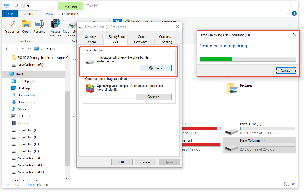 The File Explorer interface showing the error checking window for the drive I.