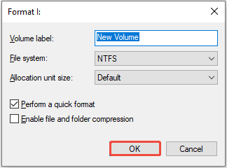 The Format interface in Disk Management showing the formatting information, with OK highlighted.