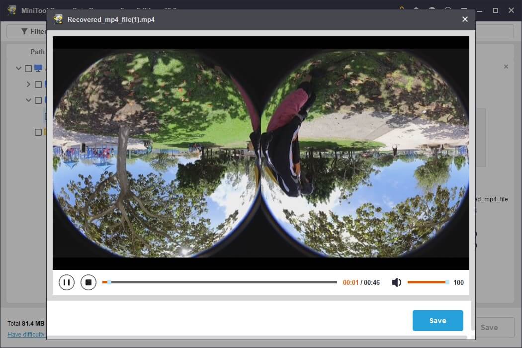 The preview window in MiniTool Power Data Recovery displaying a 360 degree video for file verification.