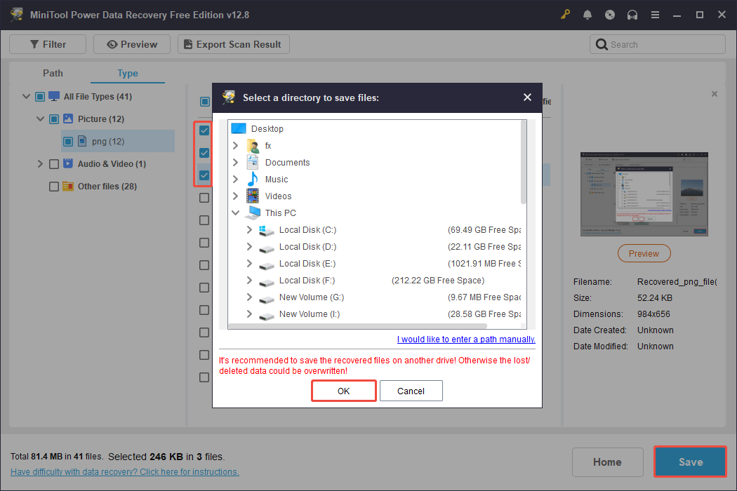 MiniTool Power Data Recovery interface showing the save directory window, with OK and Save selected.