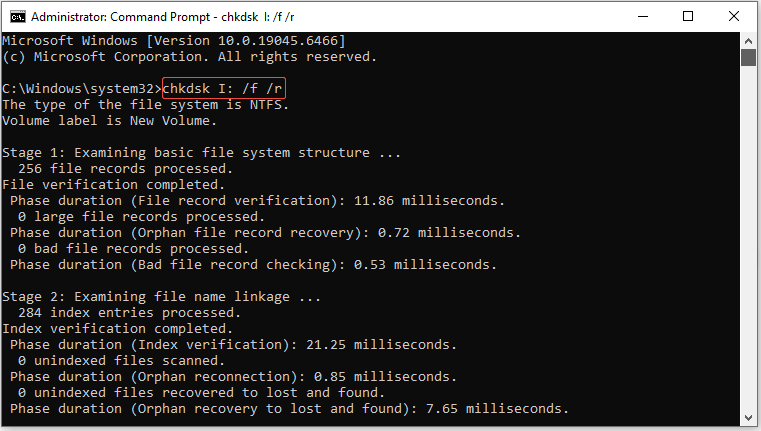 The Command Prompt interface showing the command running, with the CHKDSK command selected.