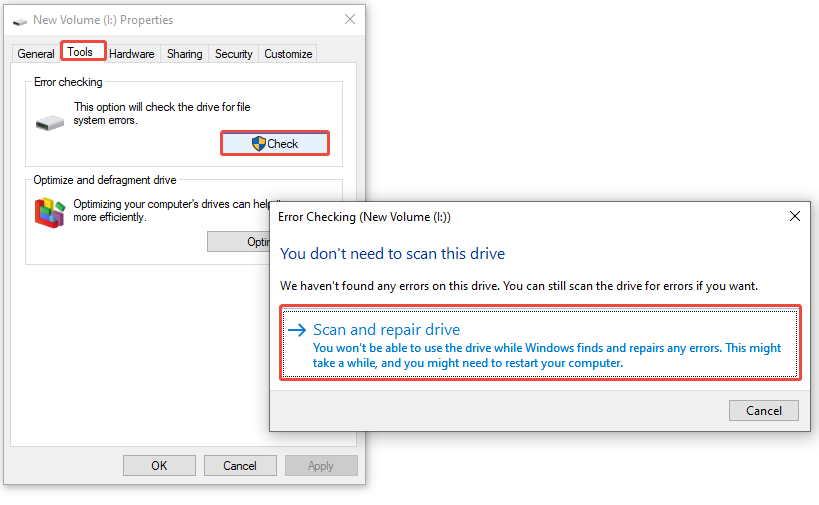 The Error Checking window showing the detailed information, with Tools, Check, and Scan and repair drive selected.