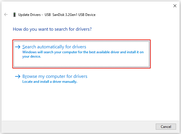 The Update Drivers interface showing the search methods, with Search automatically for drivers selected.