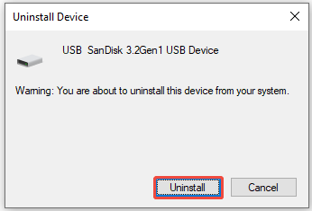 The Uninstall Device interface displaying the warning for uninstall, with the Uninstall button highlighted.
