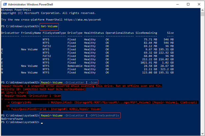 The Windows PowerShell interface showing the command running, with the Get Volume and Repair Volume selected.