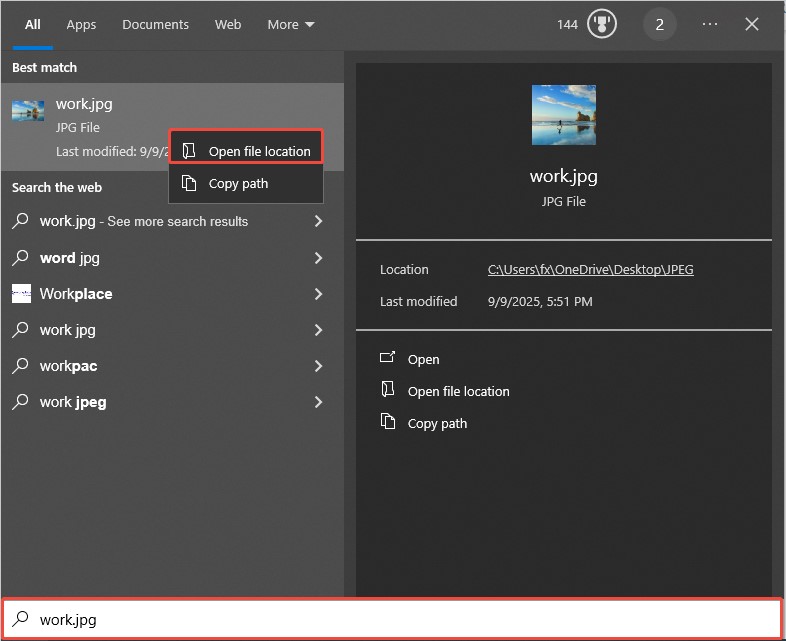 The Windows Search interface showing the search result for work.jpg, with the search bar and Open file location selected.