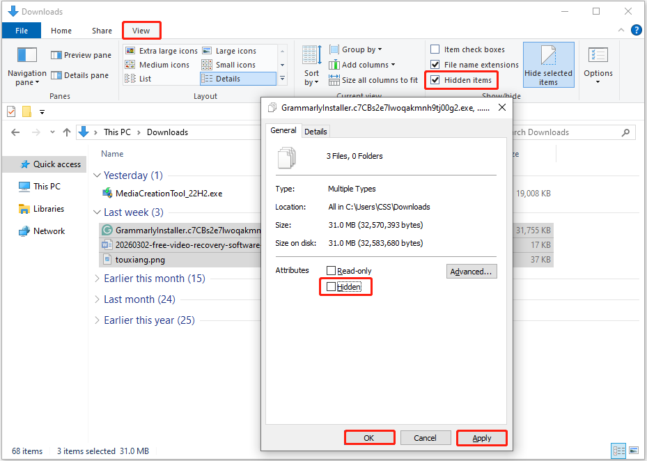 The File History interface showing the Properties window, with Hidden, Hidden items, View, and OK highlighted.