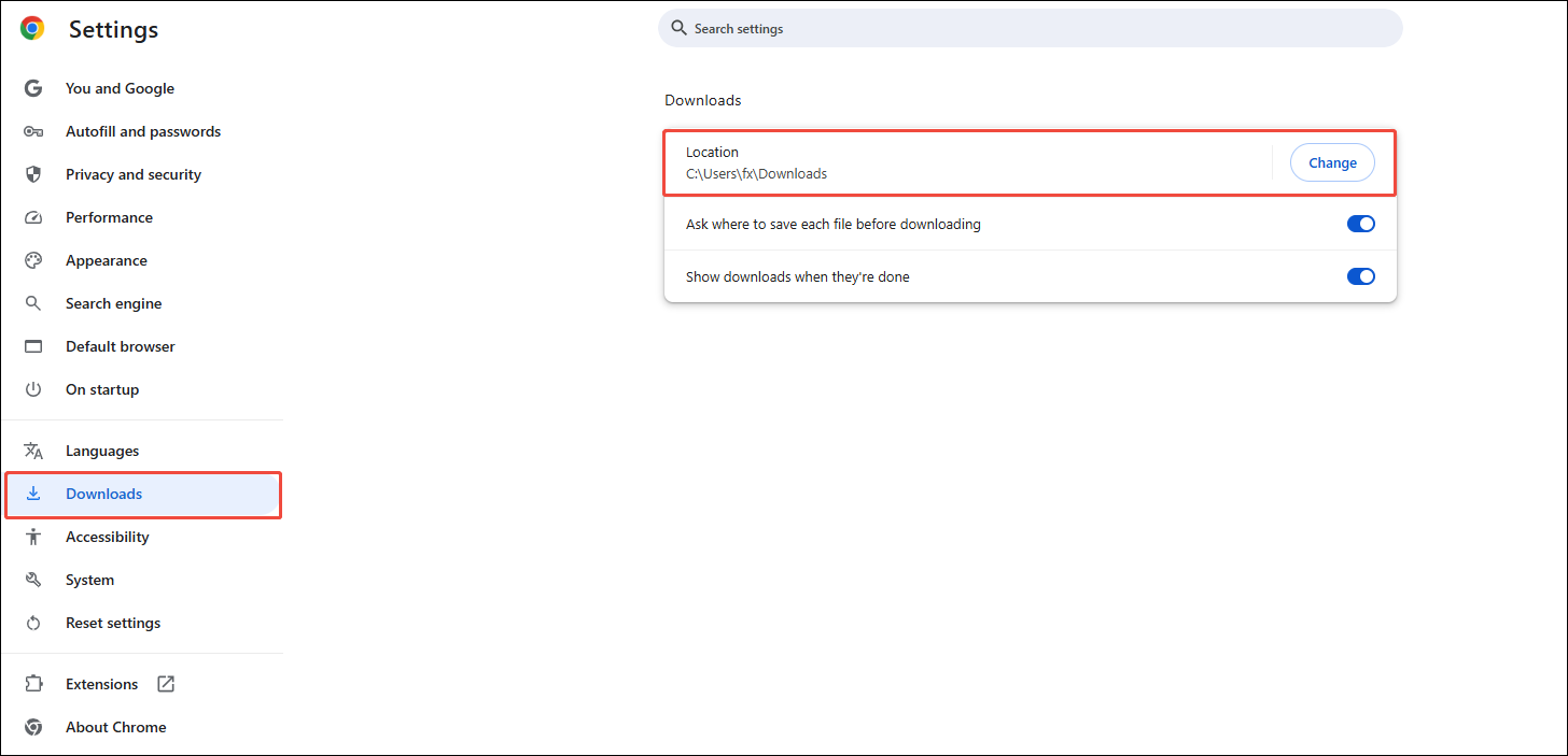 The Google Chrome interface showing the Downloads settings, with the downloads location selected.