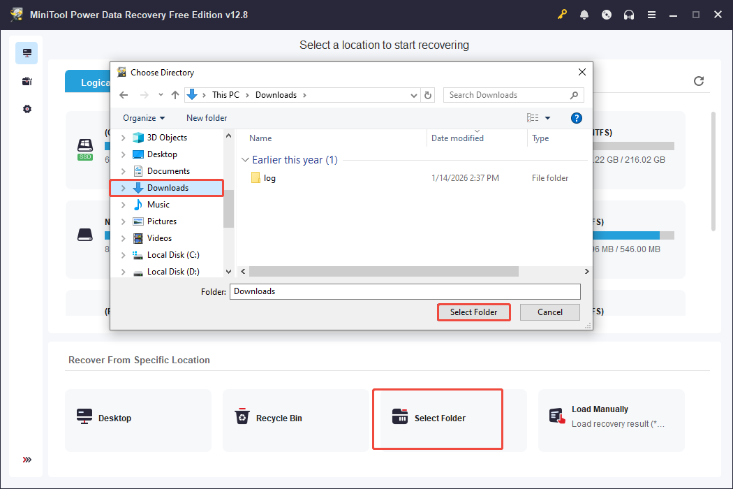 MiniTool Power Data Recovery interface showing the Choose Directory window, with Select Folder and Downloads selected.