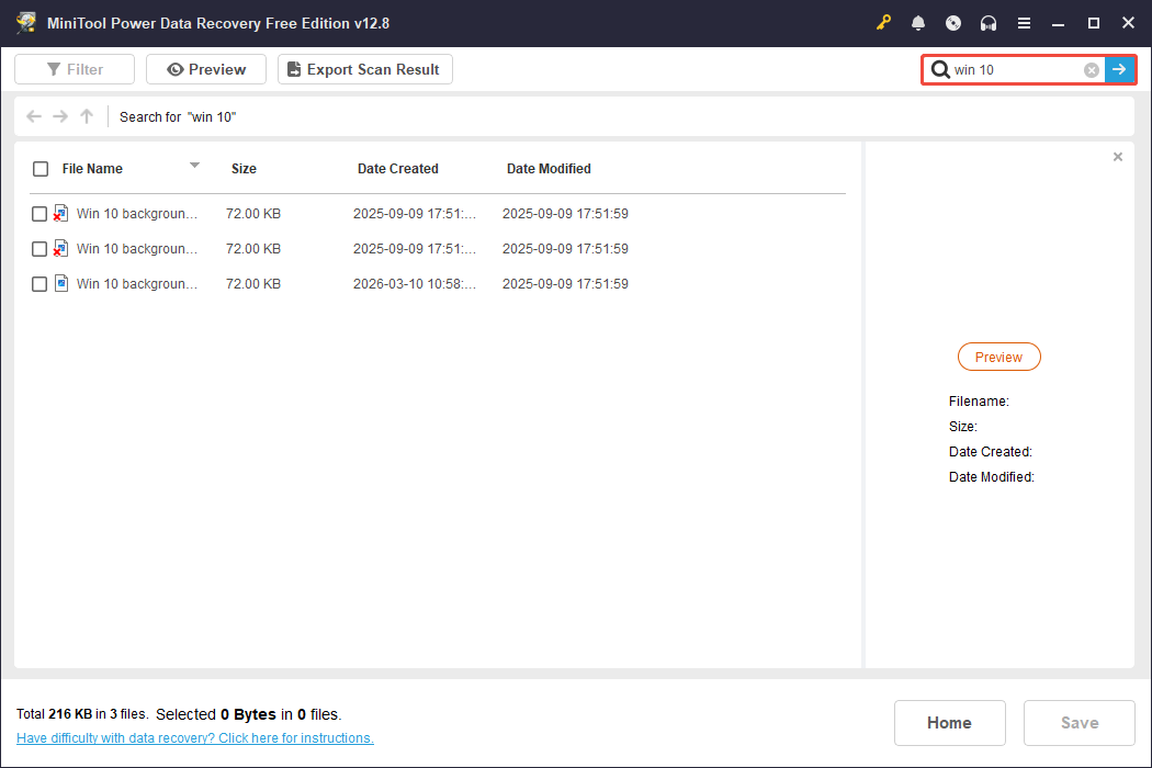 MiniTool Power Data Recovery interface showing the search results for win 10, with the search bar selected.