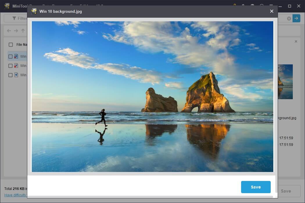 The preview window in MiniTool Power Data Recovery showing a person jogging on the beach for file verification.