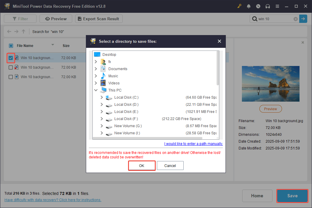 MiniTool Power Data Recovery interface with the Save button selected, showing the available save locations.