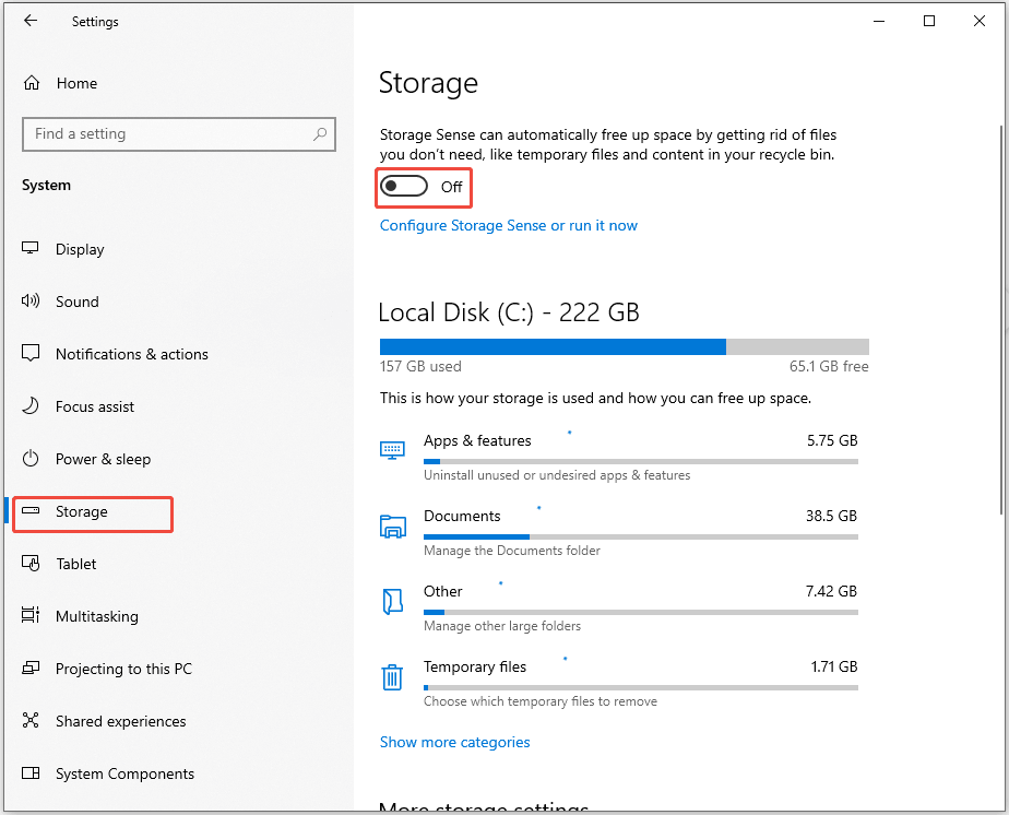 The Windows Settings interface opened to the Storage tab, showing the disabled Storage Sense feature.