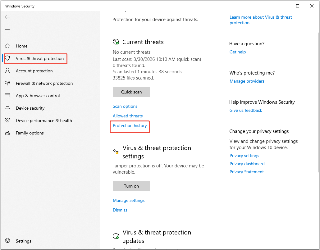 The Windows Security interface showing the Virus and threat protection tab, with Protection history selected.