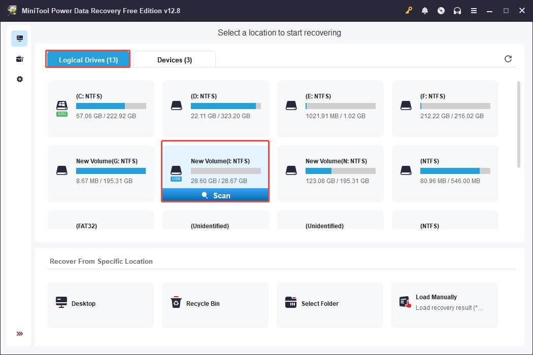 MiniTool Power Data Recovery interface showing the detected partitions, with Logical Drives and Scan selected.