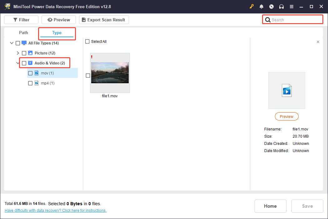 MiniTool Power Data Recovery window showing the found video, with the Type, Audio and Video, and Search options selected.