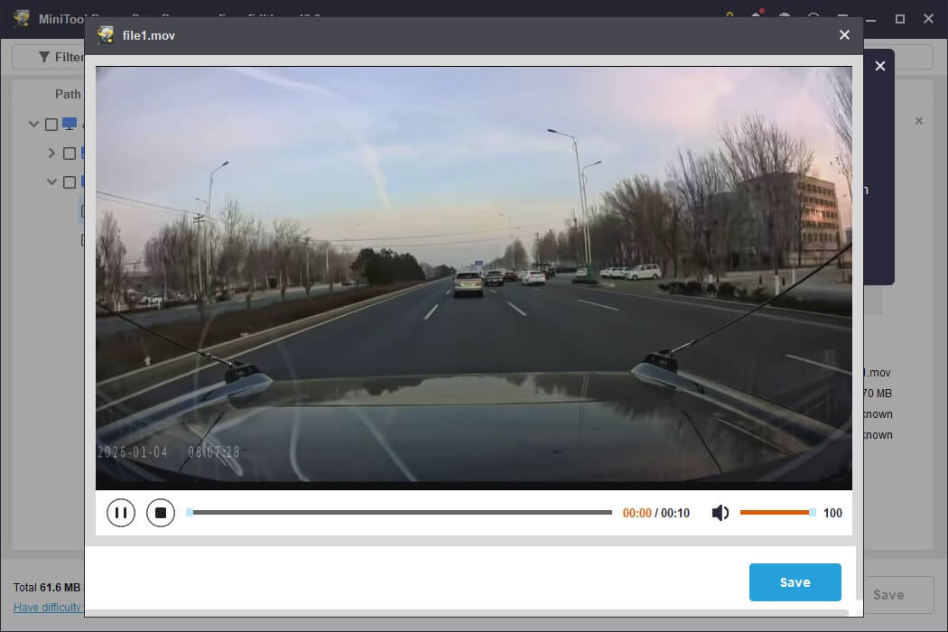 The preview window in MiniTool Power Data Recovery displays a dashcam video for file verification.