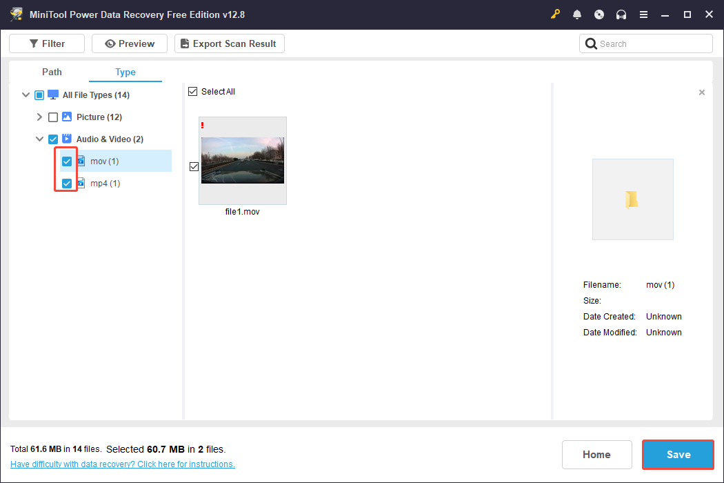 MiniTool Power Data Recovery interface showing the selected file and boxes, with the Save button highlighted.
