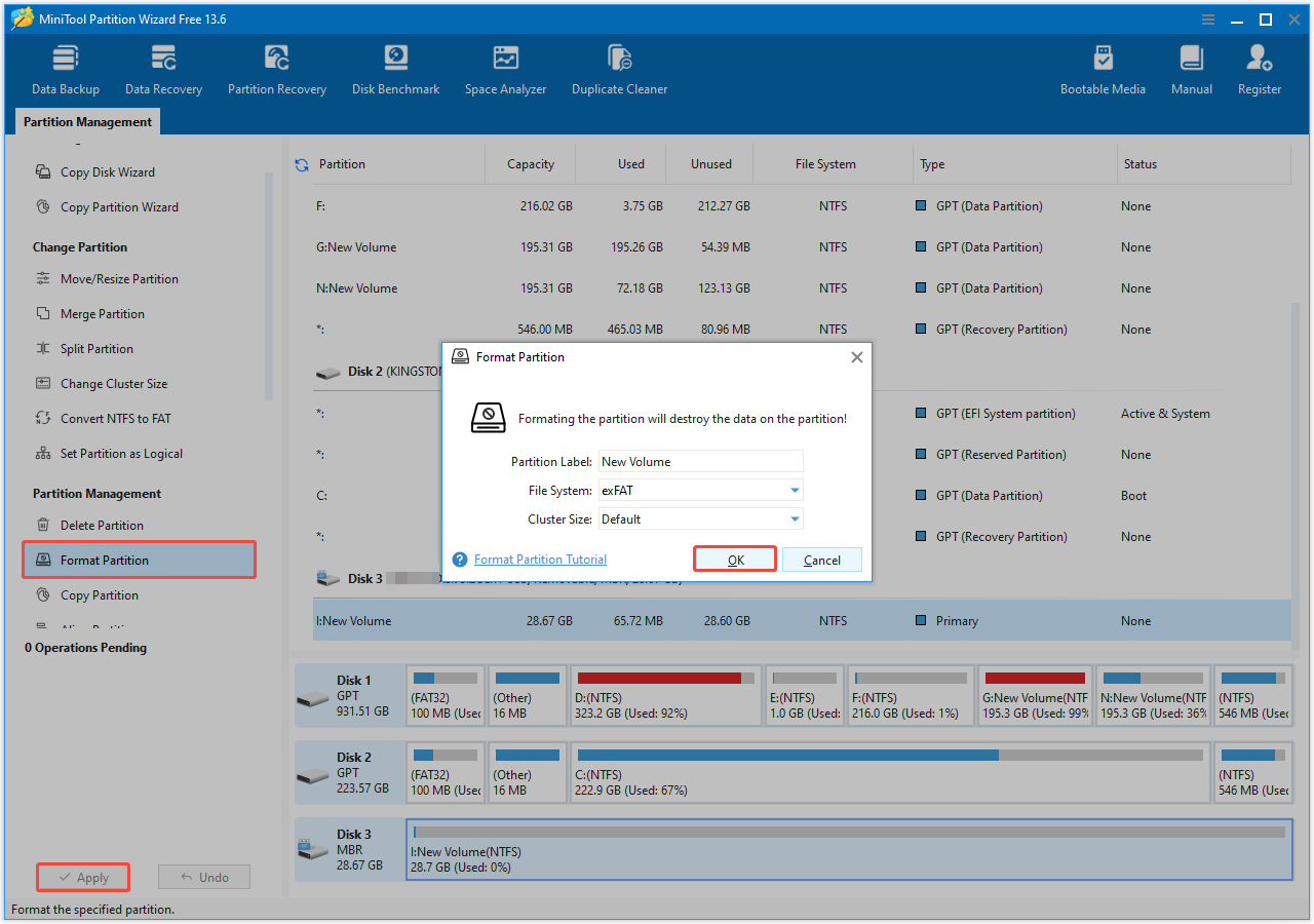 MiniTool Partition Wizard interface showing the Format Partition window, with OK, Apply, and Format Partition selected.