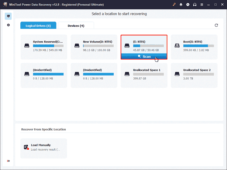 MiniTool Power Data Recovery interface showing all partitions with the target one selected and the Scan icon highlighted.