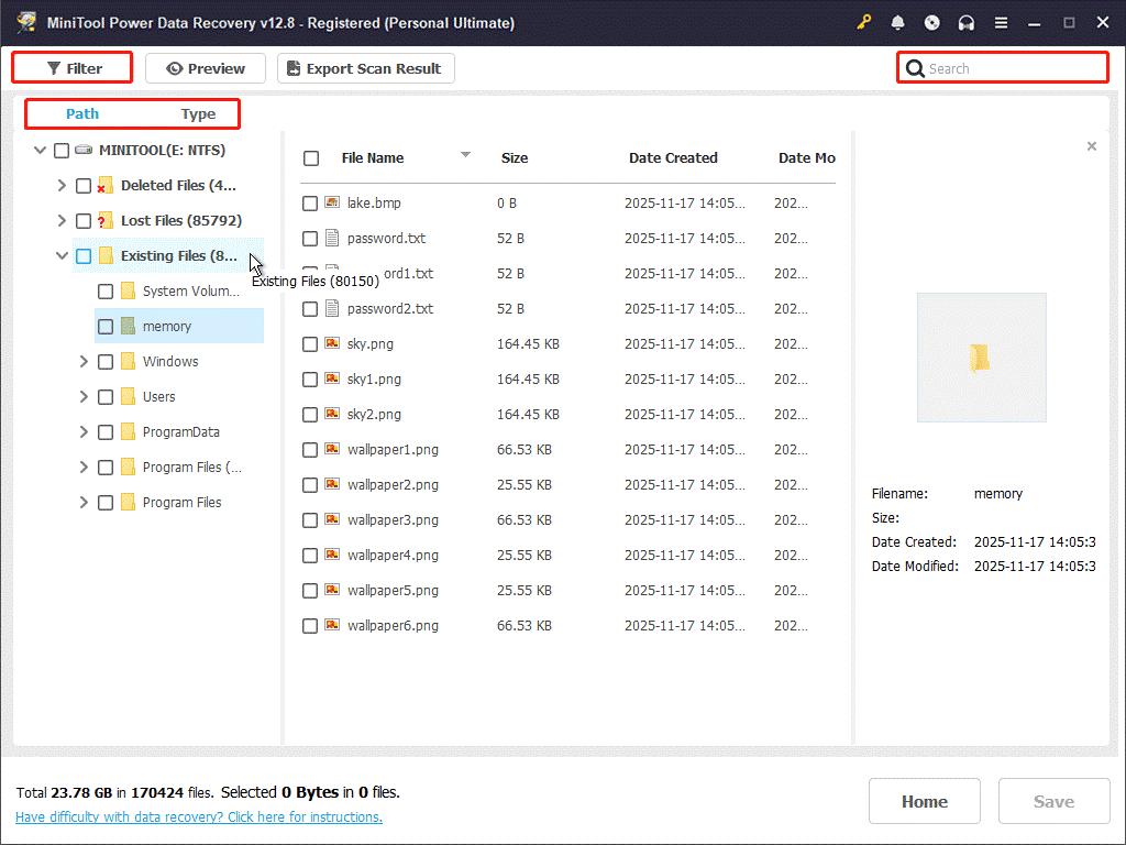 MiniTool Power Data Recovery page showing found files with Path, Type, Filter, and Search selected to find the target files.