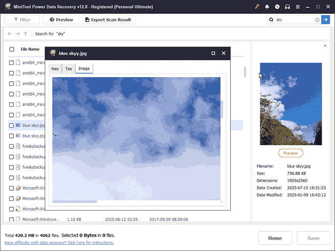 A image showing a blue sky with clouds embedded in the MiniTool Power Data Recovery interface.
