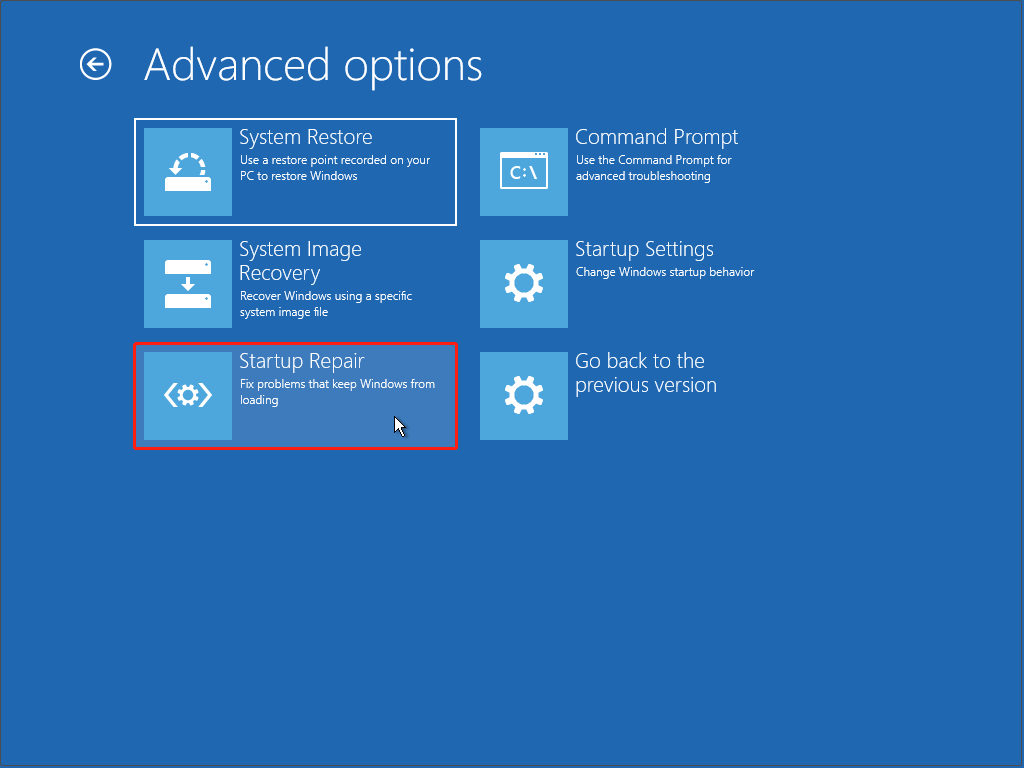 The Advanced options interface in WinRE with the Startup Repair module selected.
